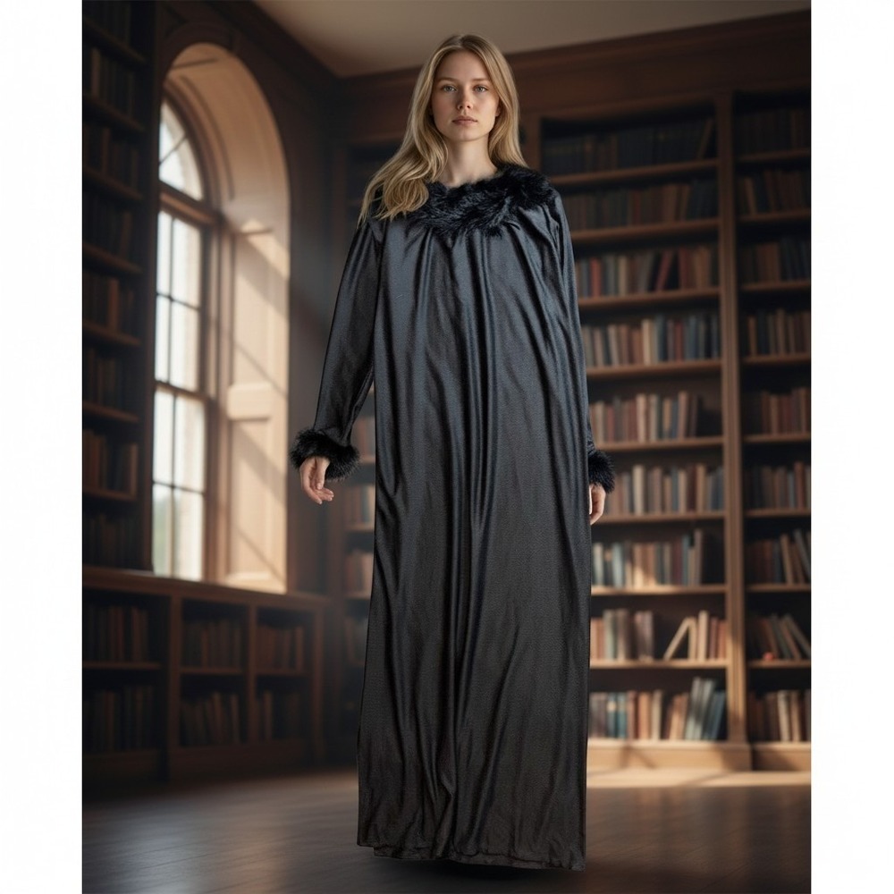 Hollywood glam Peignoir Robe M Black Floor Length Faux Fur Trim Collar Halloween